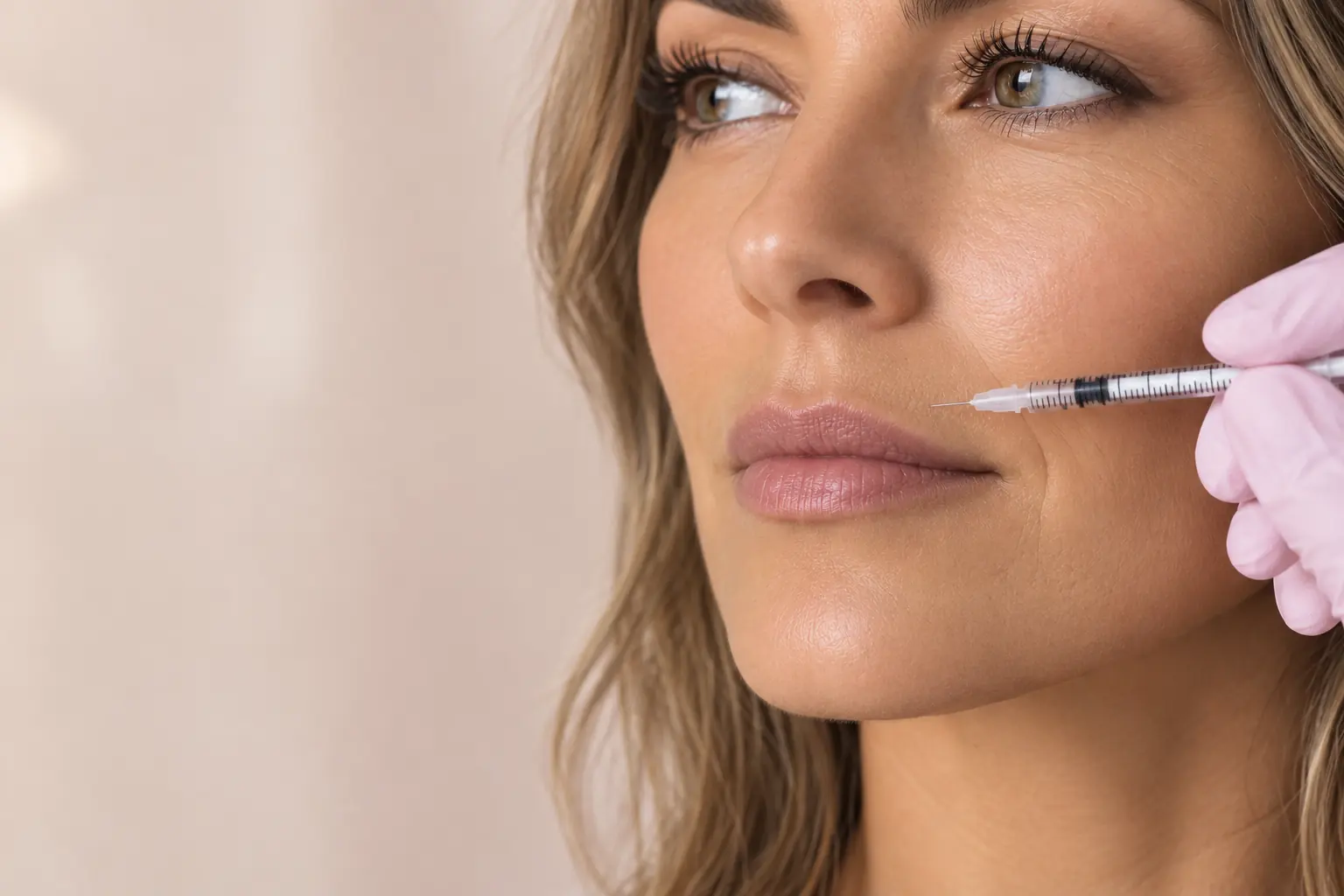 Provider preparing a lip flip injection just above a woman's upper lip