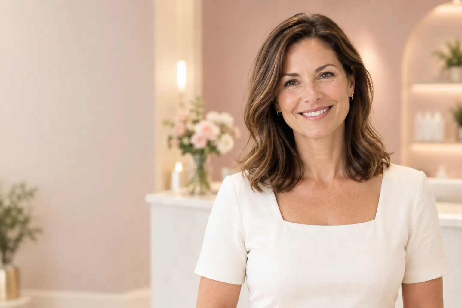 Smiling woman with shoulder-length brown hair in a bright med spa reception area
