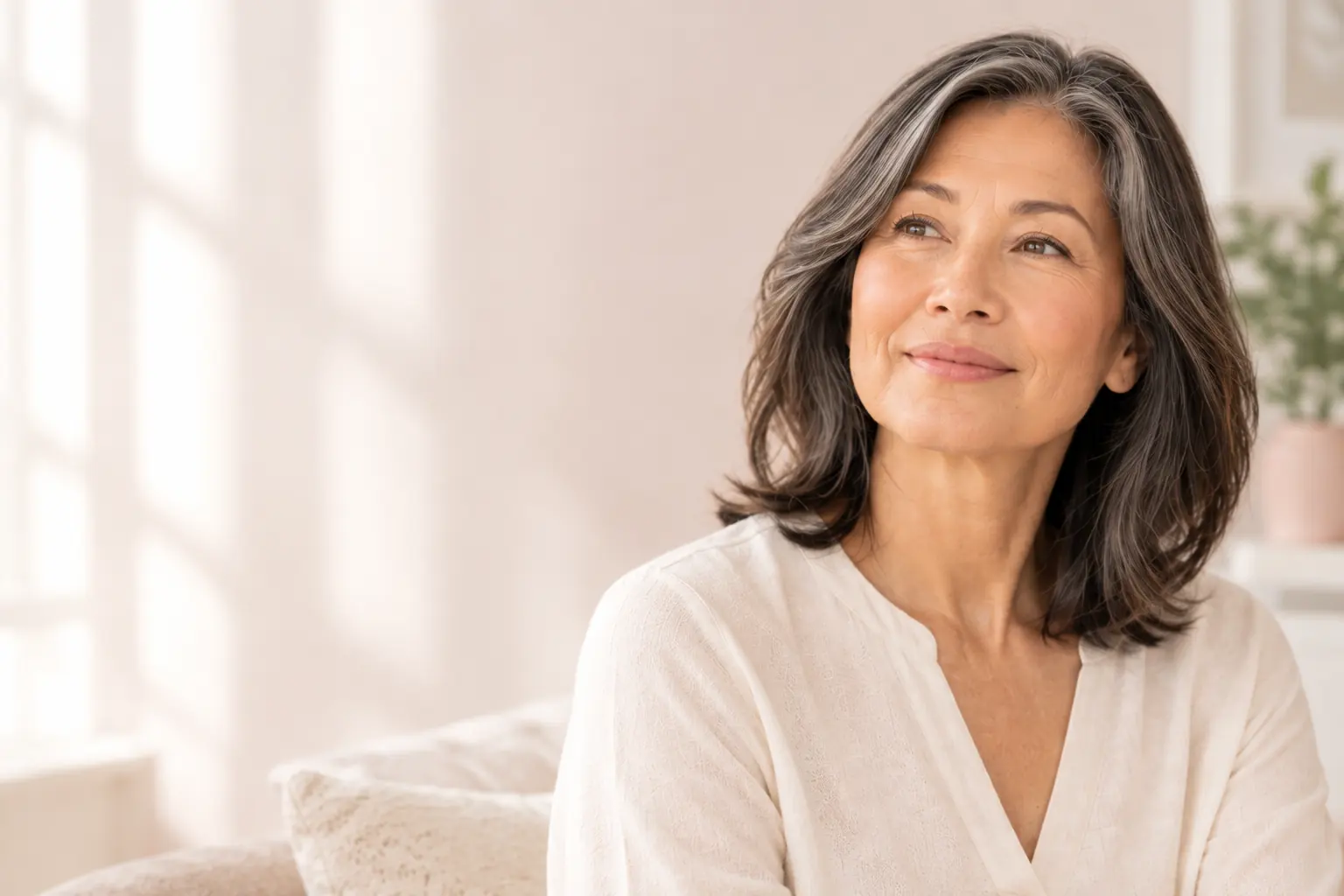 Woman with shoulder-length dark and grey hair smiling in soft window light
