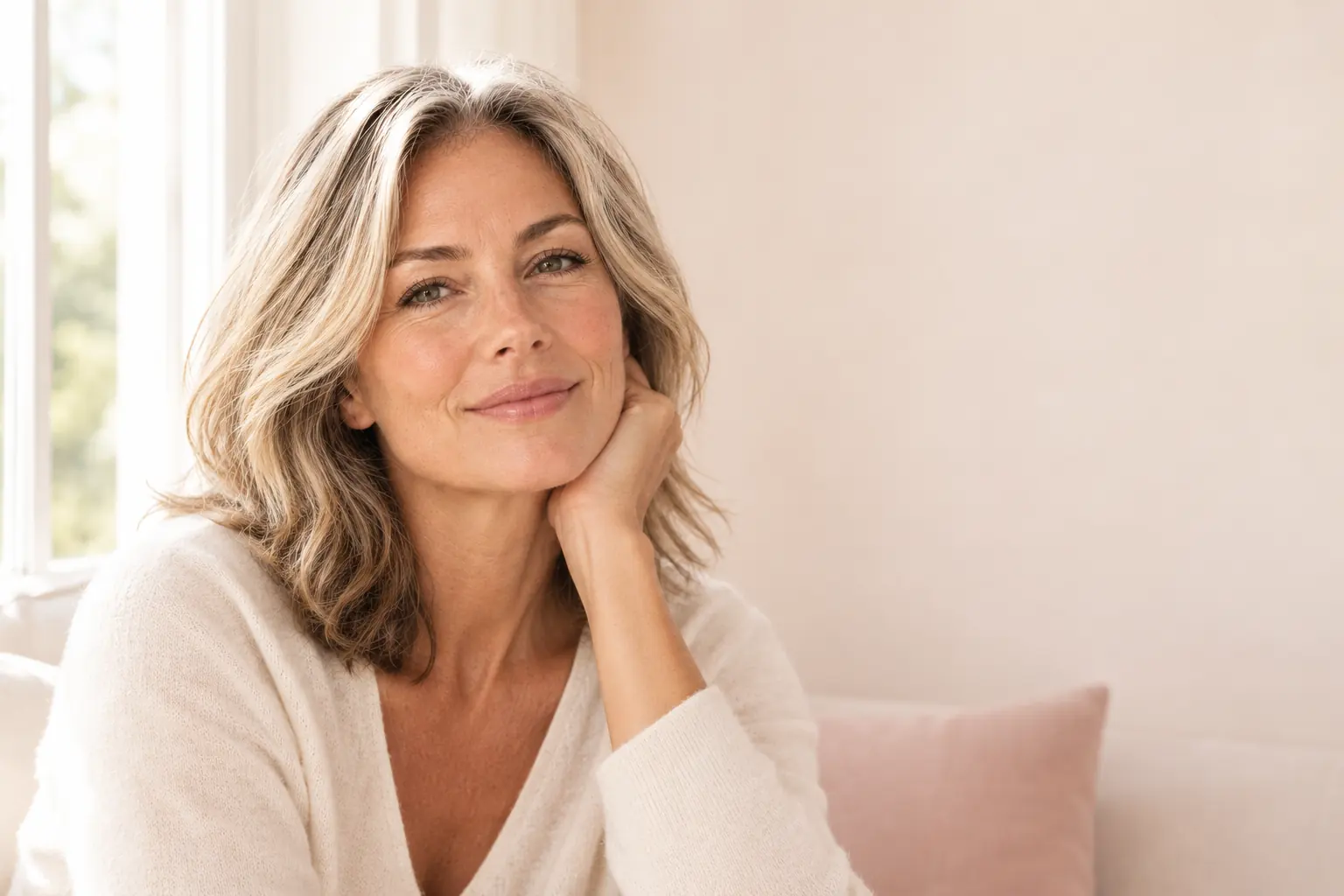 Woman with shoulder-length blonde hair smiling by a bright window, chin resting on her hand