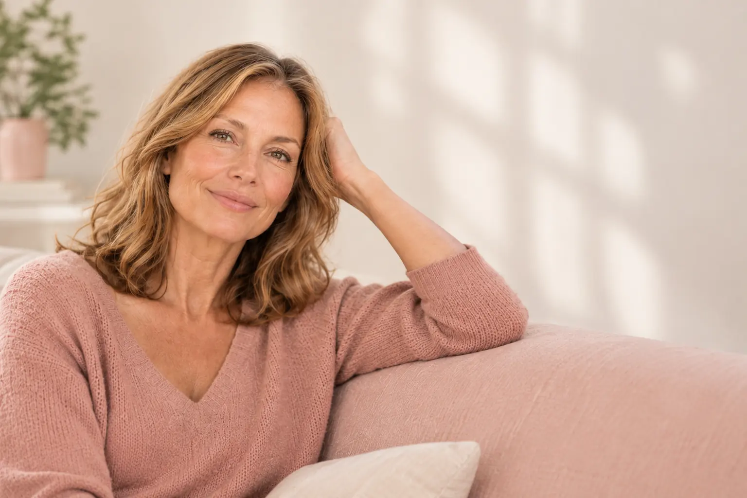 Woman in a rose-colored sweater relaxing on a pink sofa